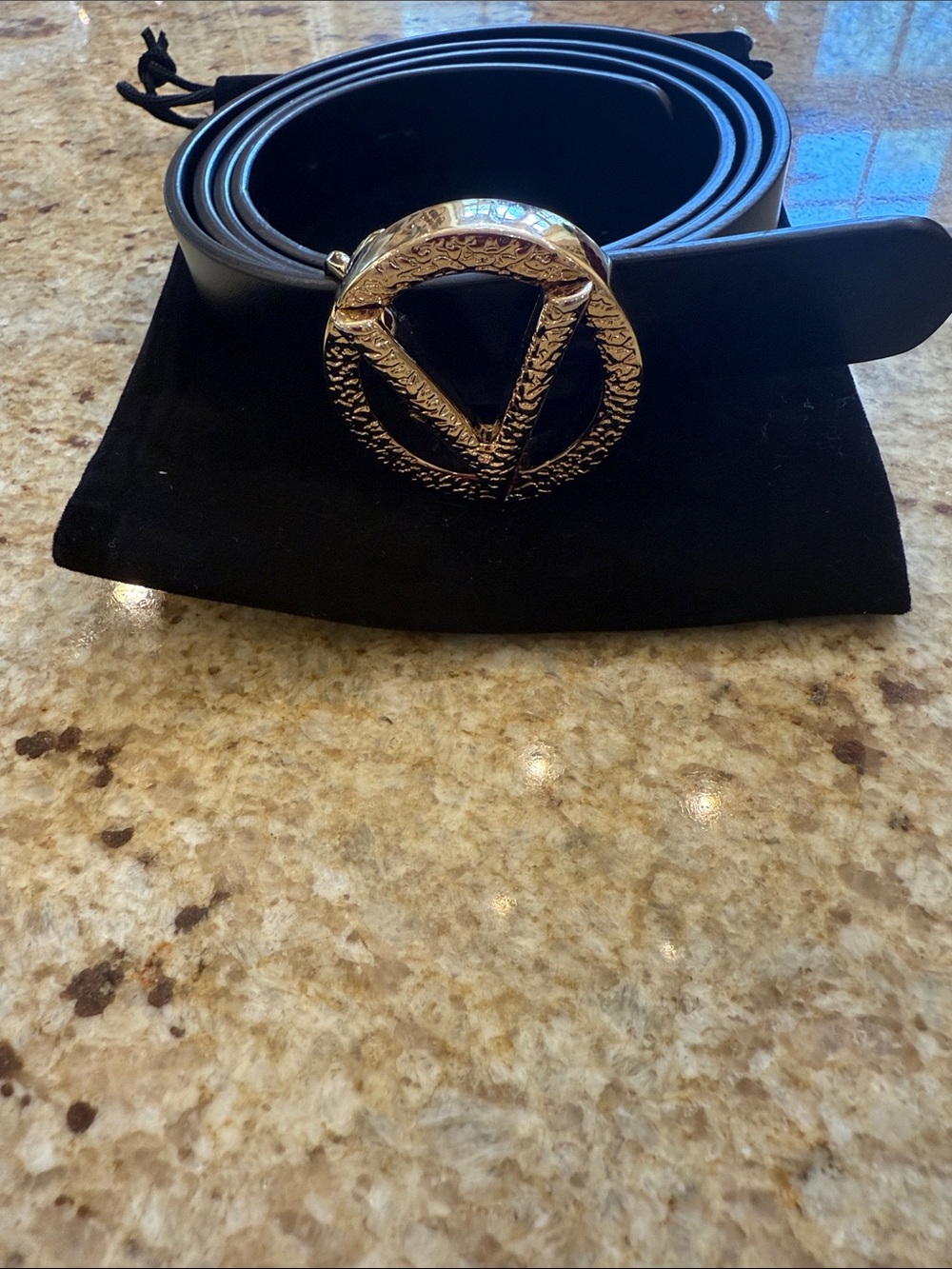 MARIO VALENTINO THIN Textured Gold Circle Buckle WITH A V LOGO BELT SIZE LARGE